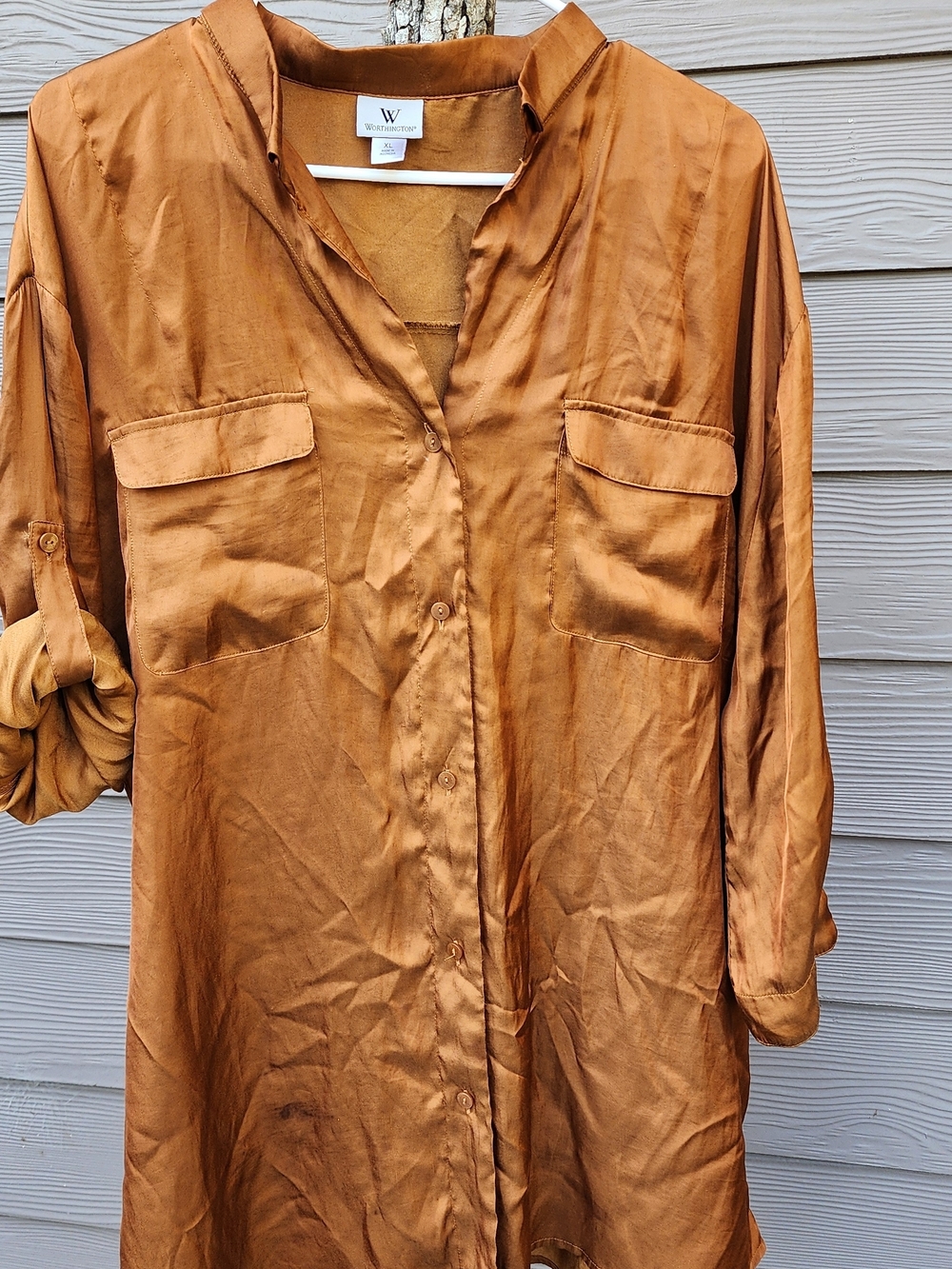 Worthington Satin Button-Up Tunic in Burnt Orange